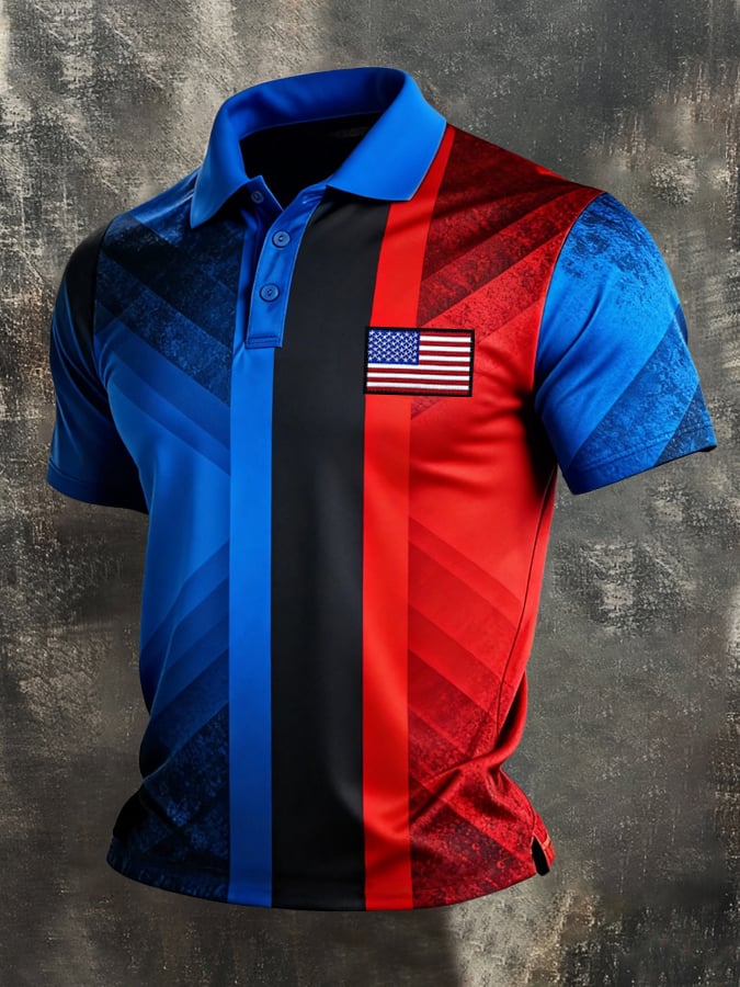 Men's Retro Patriot Color Block Polo Collar Short Sleeve