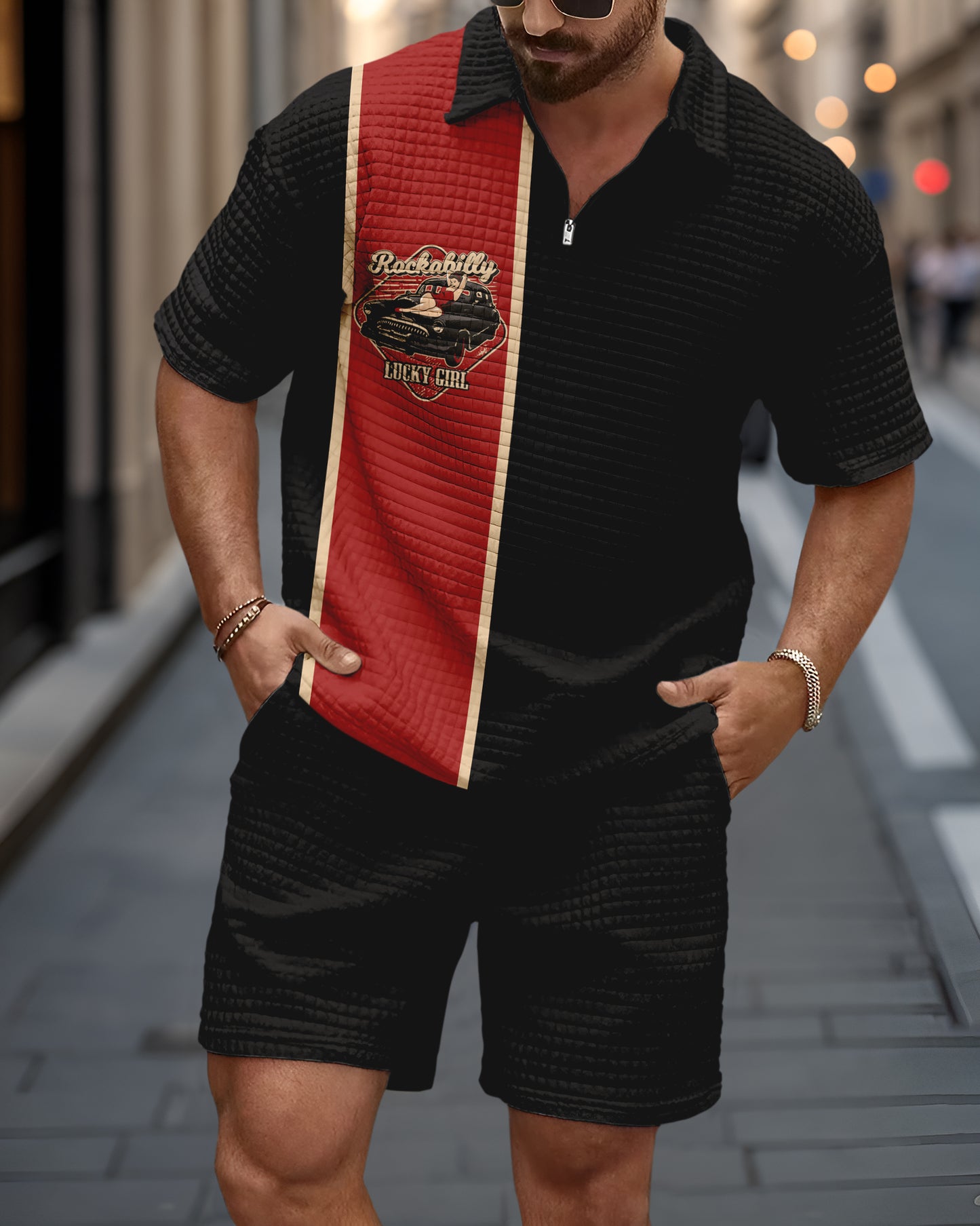 Men's Casual Art Print Waffle Texture Summer Polo Set 080