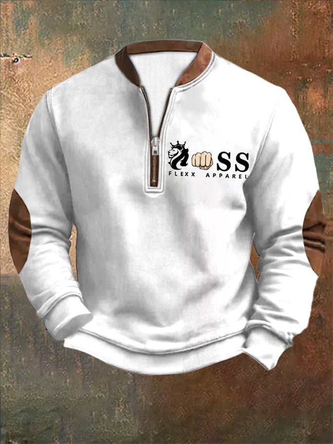 Men's Retro Letter Design Printed Zipper Collar Sweatshirt