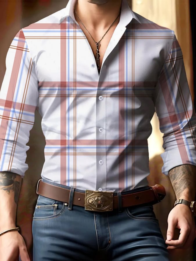 Men's Casual Business Checkered Print Shirt