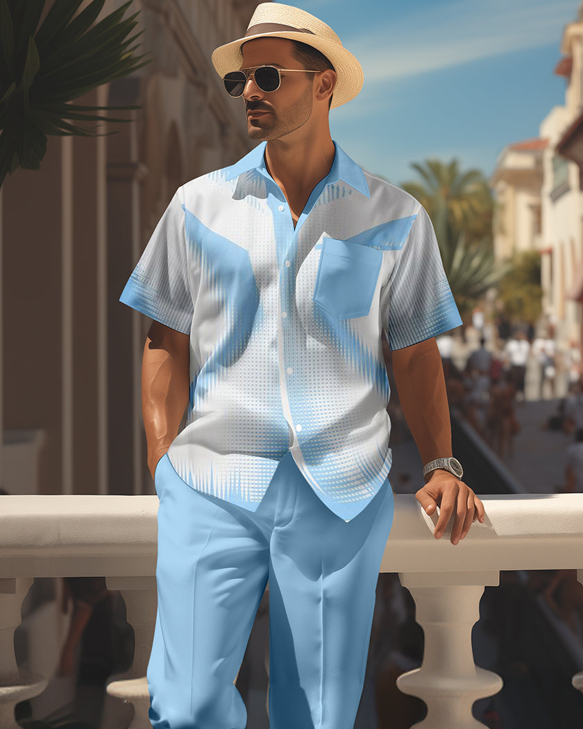 Men's retro colorblock short-sleeved shirt walking Suit 1649