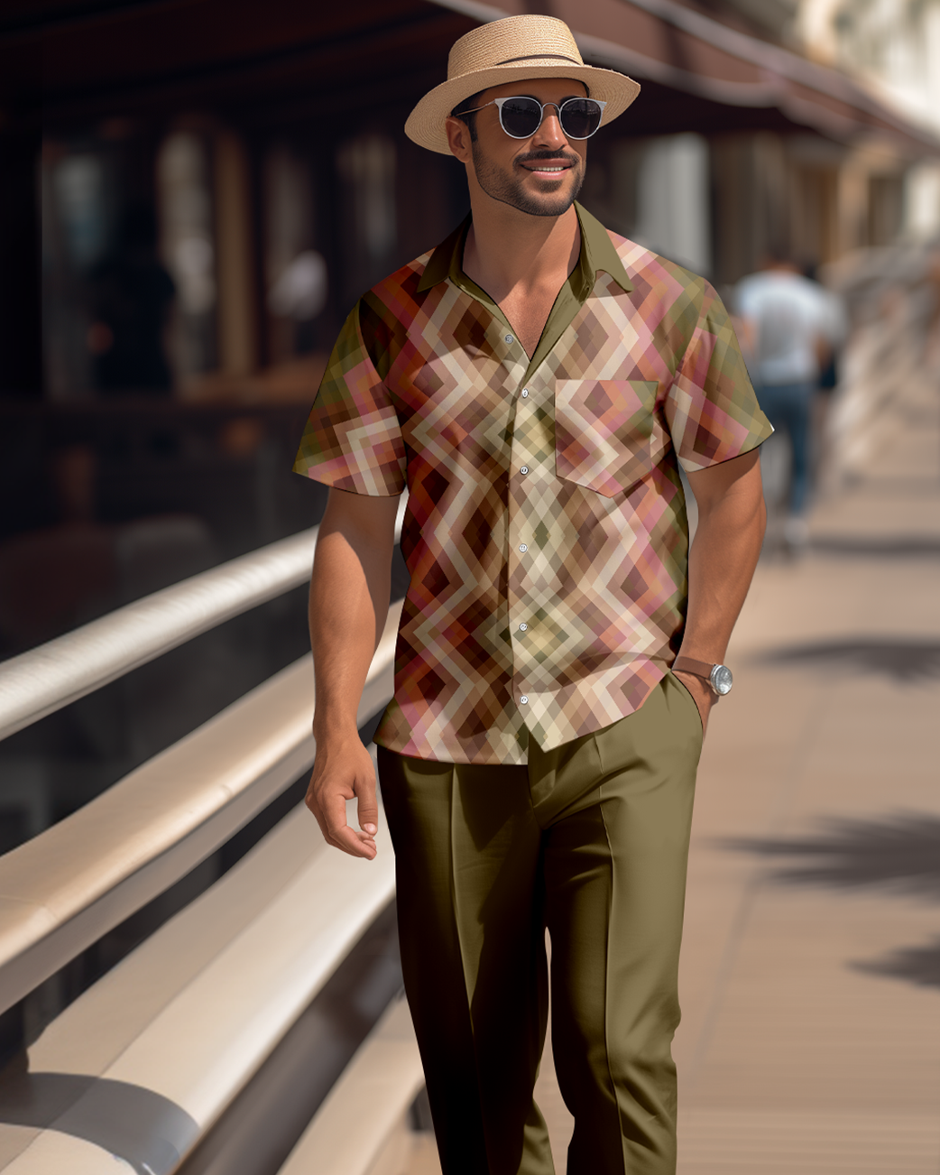 Men's retro colorblock short-sleeved shirt walking Suit 1688