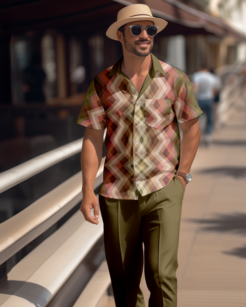 Men's retro colorblock short-sleeved shirt walking Suit 1688