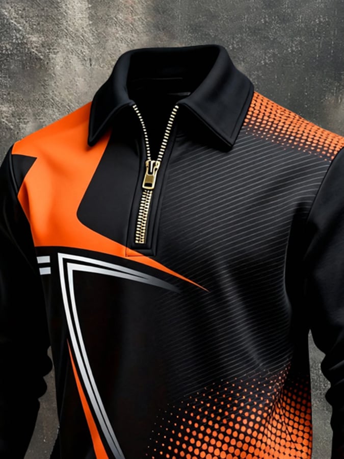 Men's Retro Color Block Print Color-Blocked Zip-Up Sweatshirt
