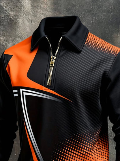 Men's Retro Color Block Print Color-Blocked Zip-Up Sweatshirt