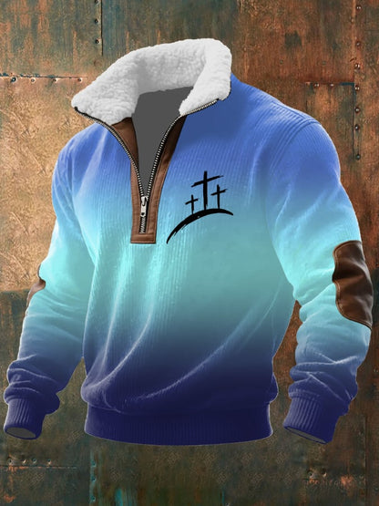 Men's Vintage Faith Printed Zip Fur Collar Long Sleeve Textured Sweatshirt