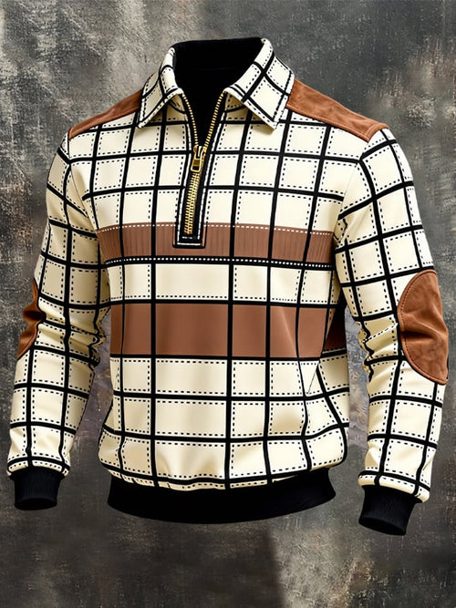 Men's Retro Color Block Print Zipper Sweatshirt