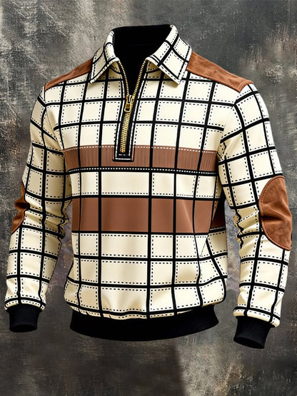 Men's Retro Color Block Print Zipper Sweatshirt