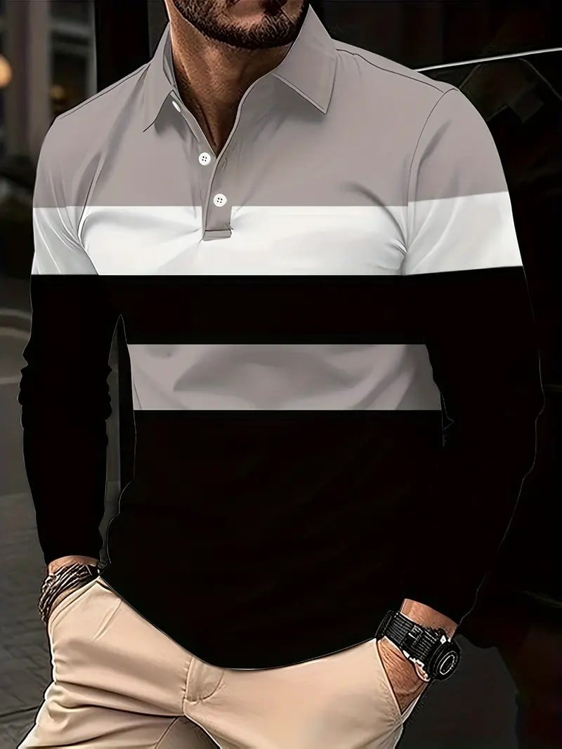 Men's Business Casual Striped Long-Sleeved Polo Shirt