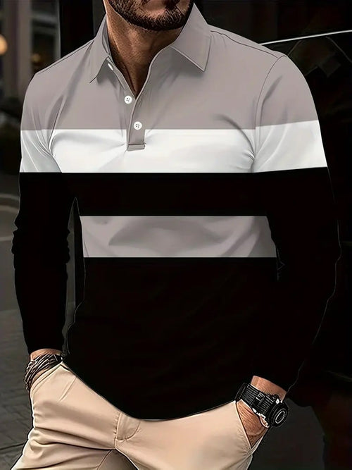 Men's Business Casual Striped Long-Sleeved Polo Shirt