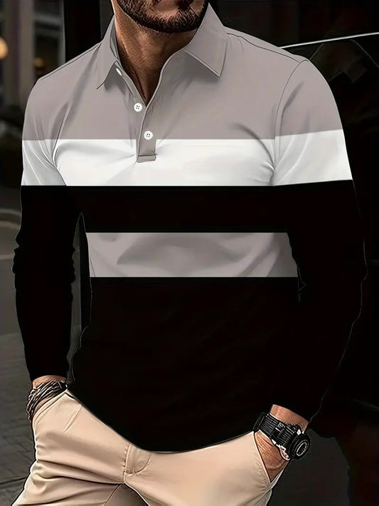 Men's Business Casual Striped Long-Sleeved Polo Shirt