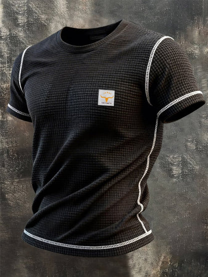 Men's Retro Color Block Waffle Knit Crew Neck Short Sleeve Top