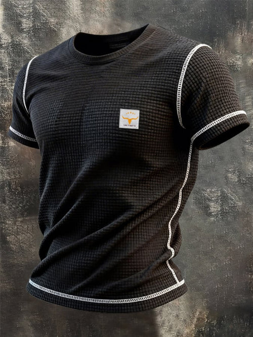 Men's Retro Color Block Waffle Knit Crew Neck Short Sleeve Top