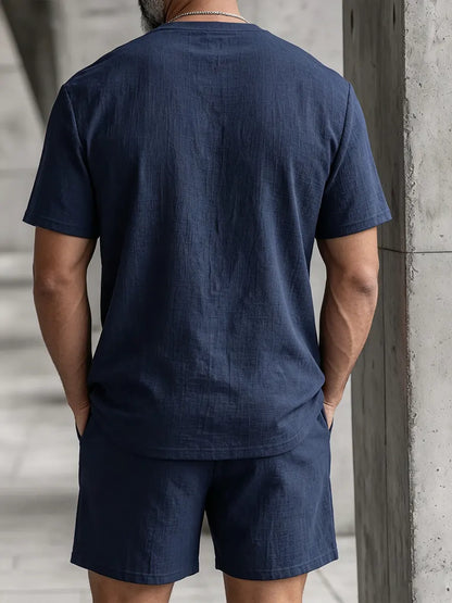 Men's Vintage Casual Linen Short Sleeve T-shirt And Shorts Two-piece Set