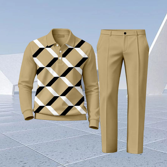 Men's Printed Polo Shirt and Pants Set