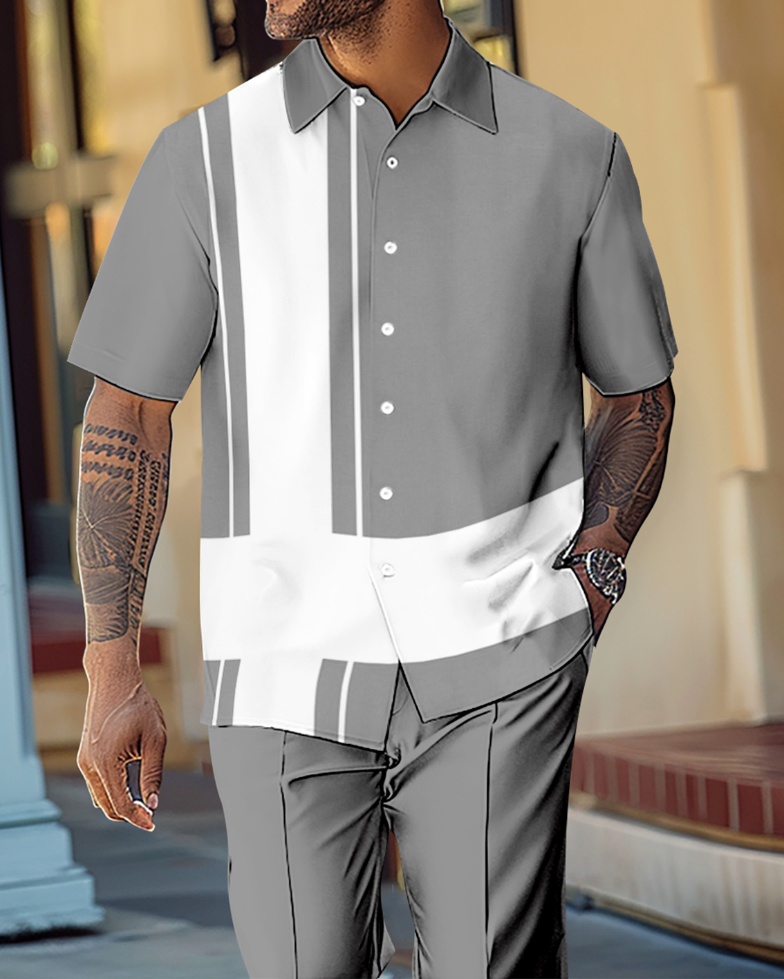 Men's Gorgeous Color Block Short Sleeve Shirt Walking Suit 1076