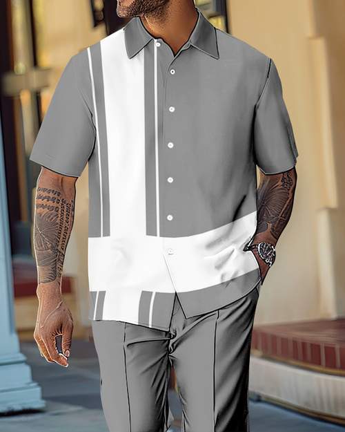 Men's Gorgeous Color Block Short Sleeve Shirt Walking Suit 1076