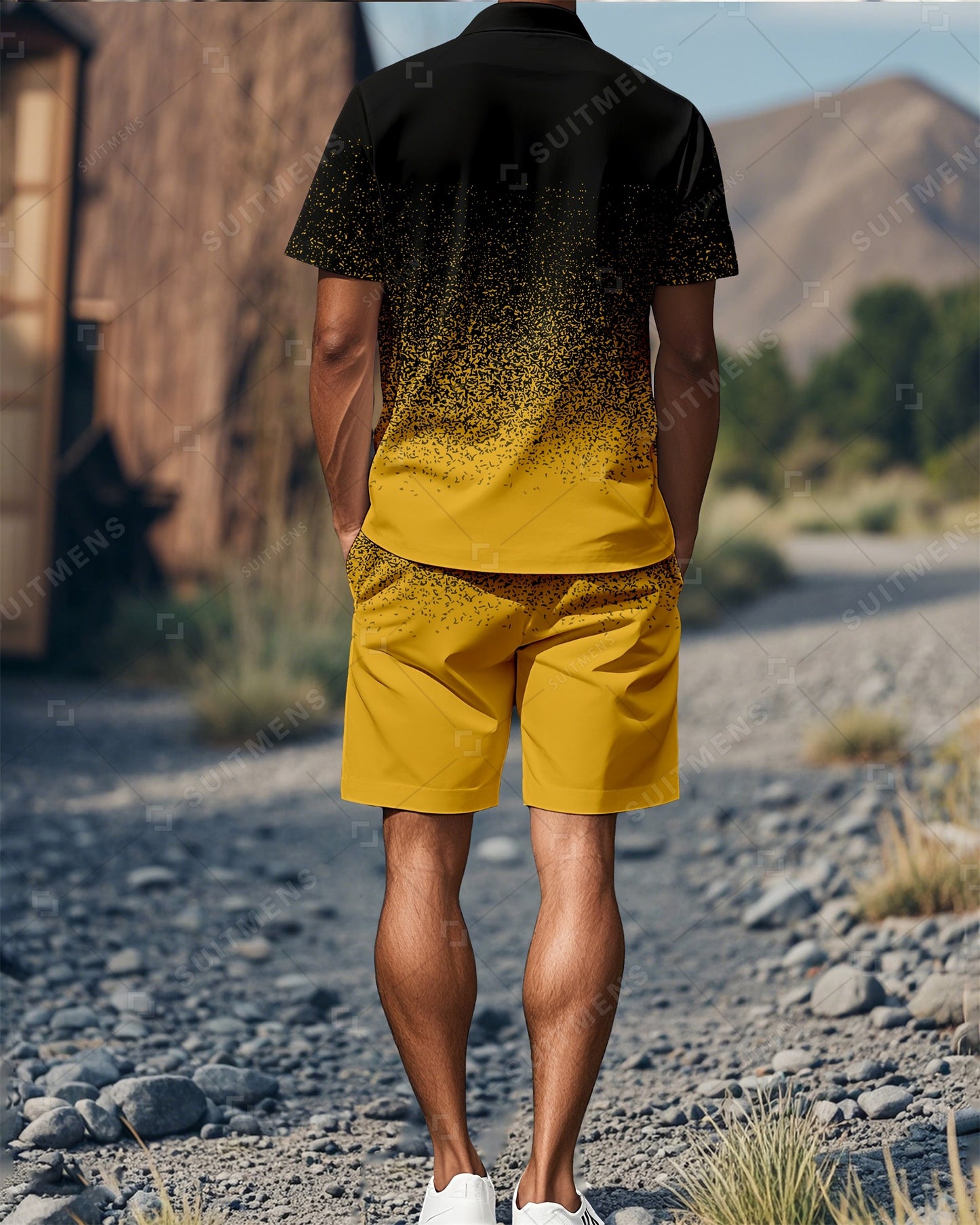 Men's Gradient Colorblock Summer Polo Short Sleeve Shorts Suit 01