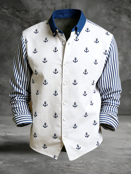 Men's vintage navy anchor print long-sleeved shirt