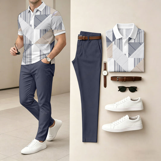 Men's Casual Printed Polo Shirt And Pants Two-Piece Set