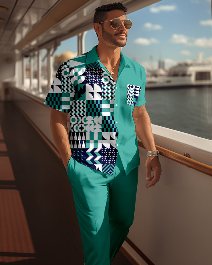Men's retro colorblock short-sleeved shirt walking Suit 1675