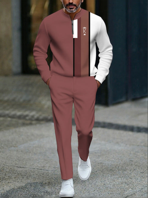 Men's Casual Pink & White Color Matching Geometric Printed Round-Neck Zipper Long Sleeved Sweatshirt & Trousers Two-Piece Set