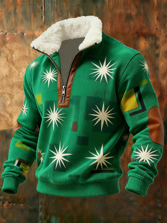 Men's Retro Geometric Quarter Zip Fleece Neck Sweatshirt