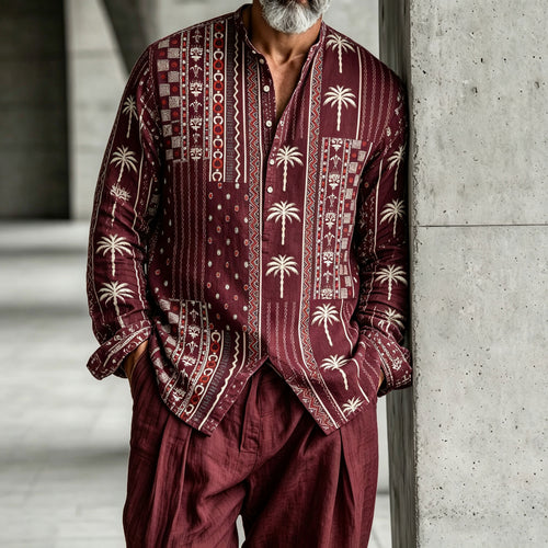 Men's Burgundy Stand-Collar Half-Open Henley Shirt and Pants