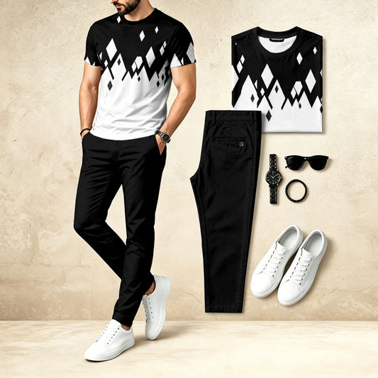 Men's Casual Two-Piece Set: Black & White Printed Crew Neck Short-Sleeve Top & Long Pants