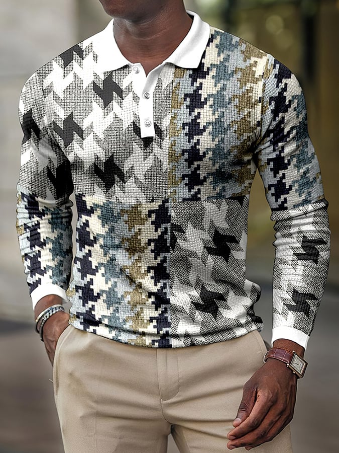 Printed Casual Waffle Long Sleeved Men'S Polo Shirt