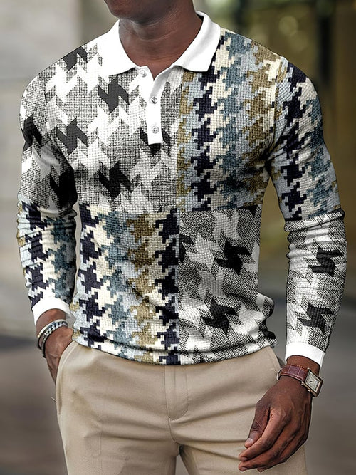 Printed Casual Waffle Long Sleeved Men'S Polo Shirt