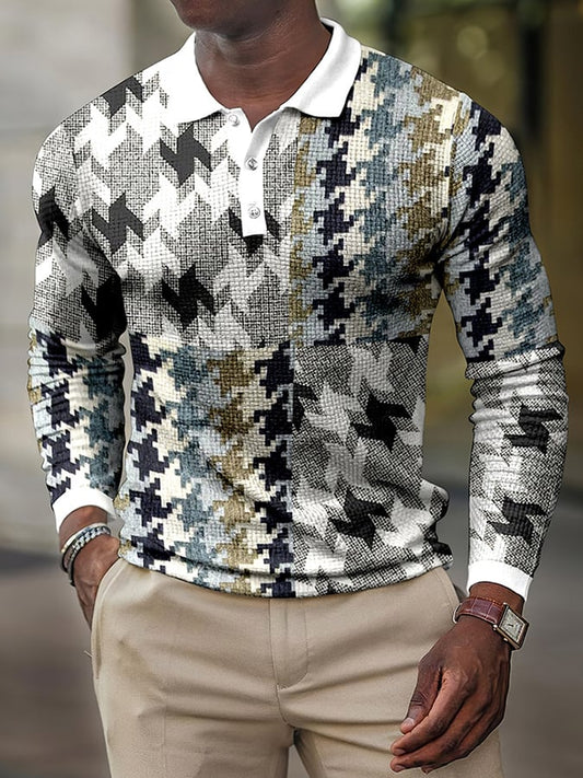 Printed Casual Waffle Long Sleeved Men'S Polo Shirt