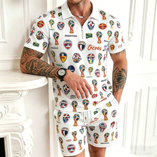 Men's Casual White Color Matching Printed Short Sleeved Zipper Polo Shirt & Shorts Two-Piece Set