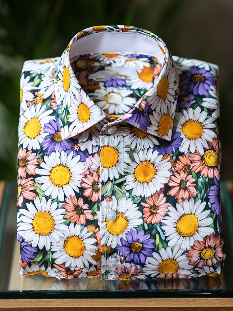 Men's Satin Luxe Hawaiian Graffiti Daisy All Over Print Short Sleeve Button Shirt
