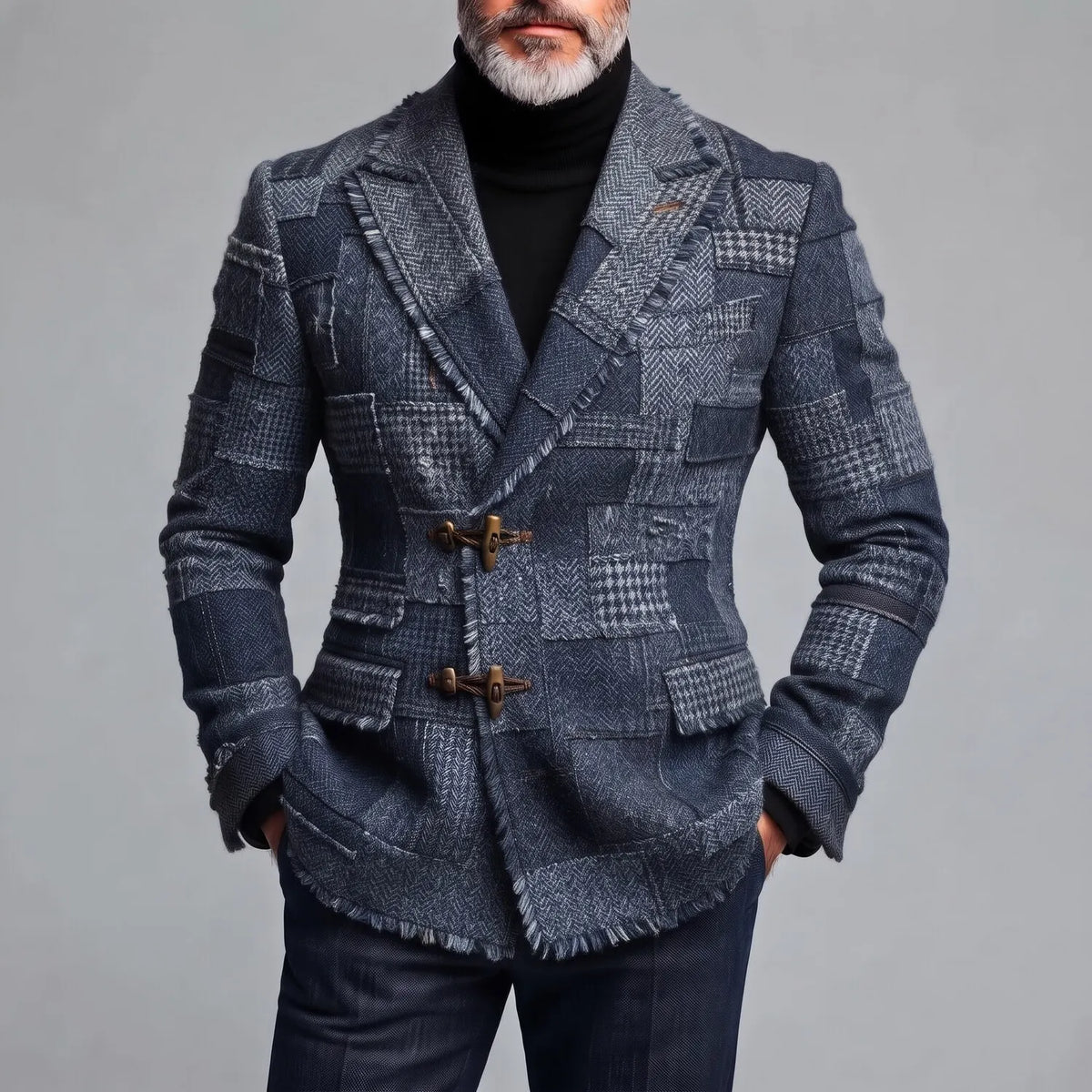 Men's Stylish Dark Blue Colorblock Houndstooth Peak Lapel Toggle Closure Frayed Edge Woolen Blazer