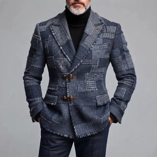 Men's Stylish Dark Blue Colorblock Houndstooth Peak Lapel Toggle Closure Frayed Edge Woolen Blazer