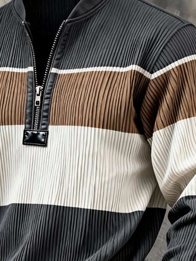 Men'S Casual Retro Contrast Color Half Zip Stand Collar Long Sleeve Sweatshirt