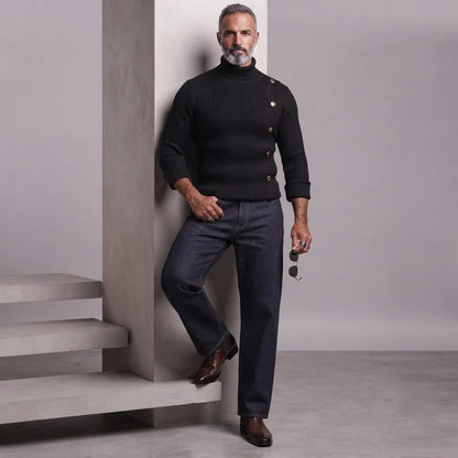 Men's White Ribbed Knitted Turtleneck Asymmetric Button Slim-Fit Long Sleeve T-Shirt