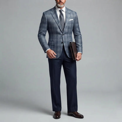 Men's Classic Formal Plaid Notched Lapel Two Button Long Sleeve Blazer