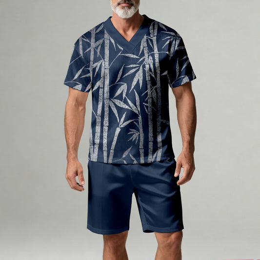 Men's Casual Dark Blue Bamboo Geometric Print V-Neck Short-Sleeve T-Shirt And Shorts Two-Piece Set