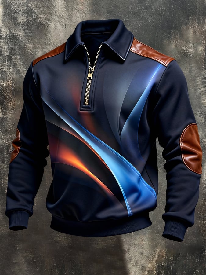 Men's Retro Color Block Print Color-Blocked Zip-Up Sweatshirt