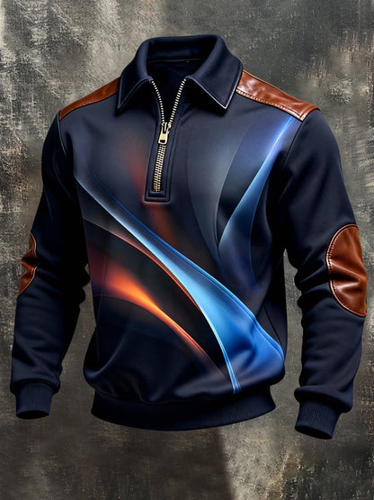 Men's Retro Color Block Print Color-Blocked Zip-Up Sweatshirt