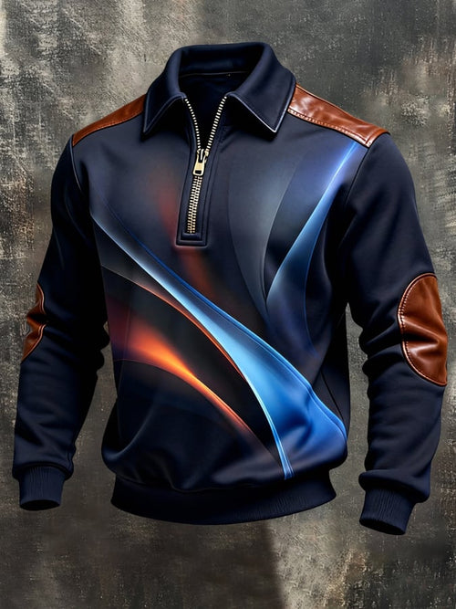 Men's Retro Color Block Print Color-Blocked Zip-Up Sweatshirt