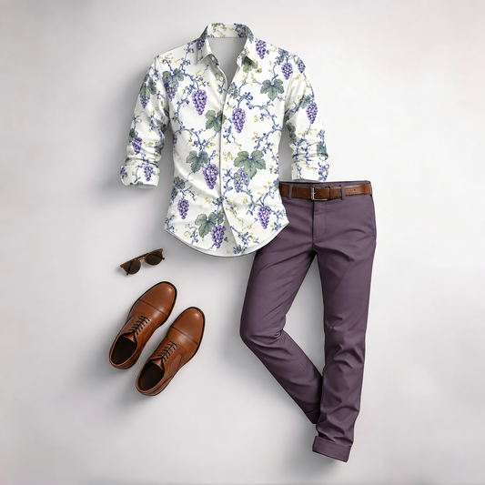 Men's Vintage Floral Print Long-Sleeve Shirt and Pants Set