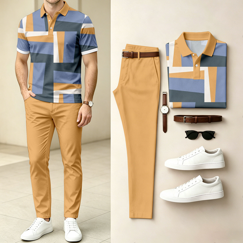 Men's Casual Color-Blocked Printed Short-Sleeve Polo Shirt And Pants Set (Excludes Accessories Such As Watches And Belts)