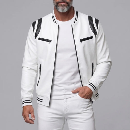 Men's PU Leather Contrast Stripes Zipper Pockets Bomber Jacket