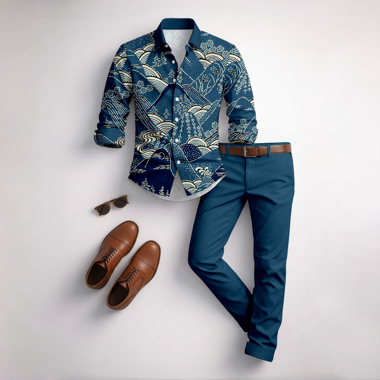 Men's Casual Blue-Green Color Matching Geometric Printed Long Sleeved Shirt & Trousers Two-Piece Set