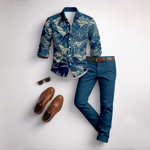 Men's Casual Blue-Green Color Matching Geometric Printed Long Sleeved Shirt & Trousers Two-Piece Set