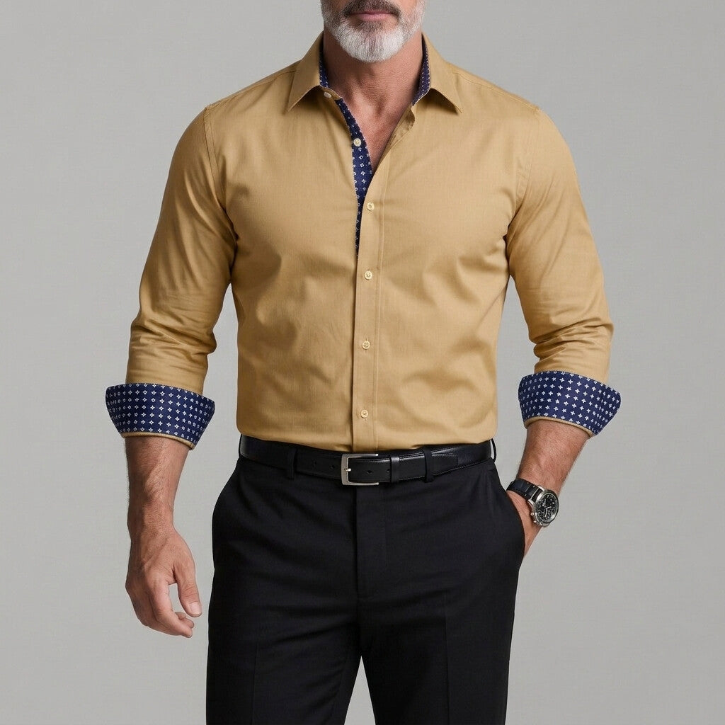 Men's Classic Geometric Pattern Splicing Cuffs Slim Fit Long Sleeve Shirt