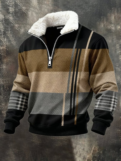 Men's Retro Color Block Print Casual Fur Collar Sweatshirt
